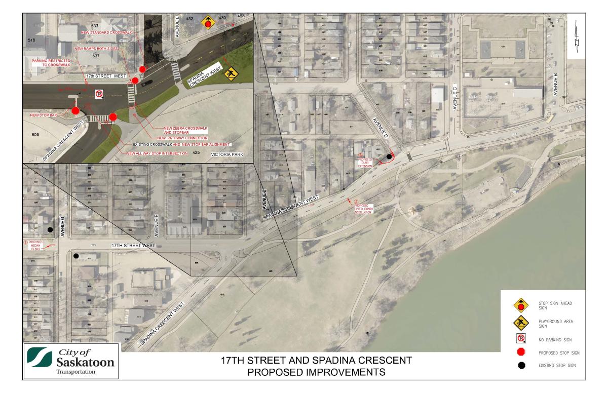 Map of 17th Street and Spadina Crescent in Saskatoon