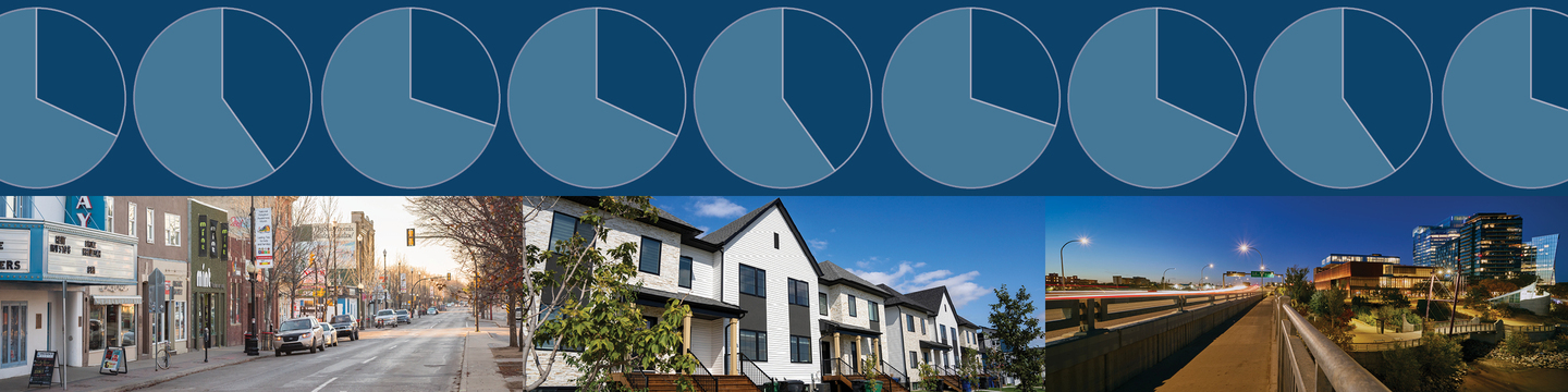 Circle graphs of many ratios, a residential street, a bridge at night, and a commercial street.