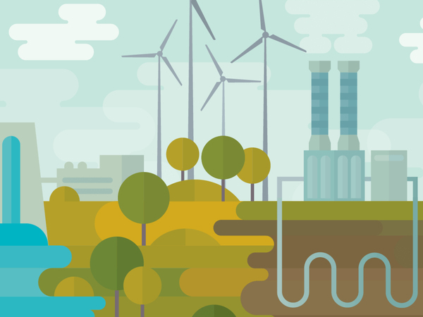Hydro power, wind turbines, solar panels and trees
