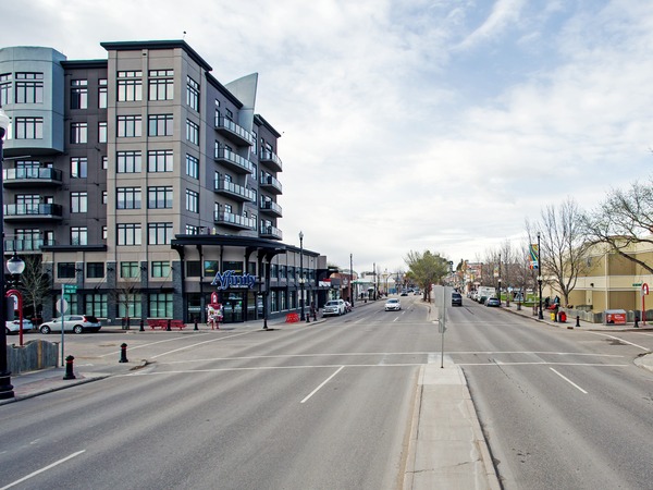 Downtown street with trees and businesses